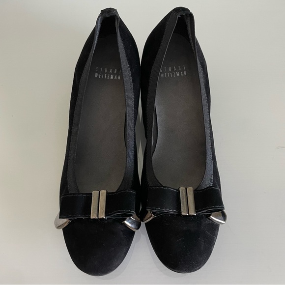 Stuart Weitzman Black Suede Bow Wedge Pump Shoes Size 6.5 - Picture 9 of 12